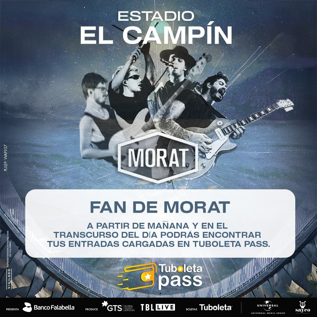 Tuboletaoficial's tweet photo. ¡FAN DE MORAT! 💙

Durante del día de mañana podrán acceder a sus boletas para el concierto de @MoratBanda en #Tuboletapass ⭐️

Descarga YA Tuboleta Pass en Google Play o App Store. 📲 https://t.co/NUH0wik1Vp