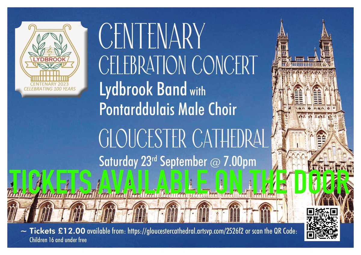 Come and celebrate our Centenary with us this Saturday in the wonderful surroundings of Gloucester Cathedral.

Also featuring Pontarddulais Male Choir

🕰️ 7pm

🎟️ £12, 16 and under free!Available on the evening or gloucestercathedral.artsvp.com/2526f2

🎶 🎺 🥁🎶