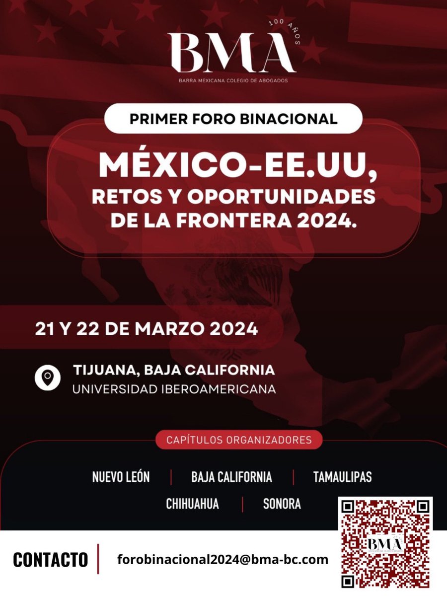 RodrigoGarciaTT's tweet photo. 🗓️ ¡Marca tu calendario! Estamos emocionados de anunciar el Primer Foro Binacional México-EE.UU 🇲🇽🇺🇸 “Retos y oportunidades de la frontera 2024”. Será el 21 y 22 de marzo de 2024 en la Universidad Iberoamericana, Tijuana BC. 

🌐 Un evento de la @BMA_Abogados, a través de sus capítulos en Nuevo León, Baja California, Tamaulipas, Sonora y Chihuahua.

📧 Para más detalles y reservas, contáctanos por correo electrónico: forobinacional2024@bma-bc.com

¡Prepárate para un diálogo enriquecedor sobre la frontera México-EE.UU! 🤝 #ForoBinacional2024 #FronteraMéxicoEEUU #SaveTheDate
