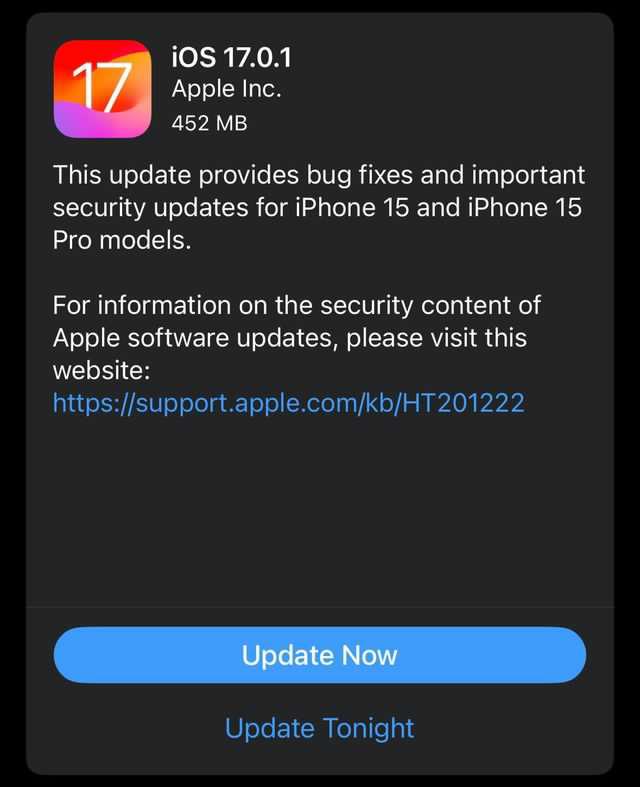 Appleupdatee's tweet photo. Apple has released iOS 17.0.1 which includes bug fixes and important security updates for the iPhone 15 models #ios17 #iphone15 https://t.co/6JH0OQjzHz