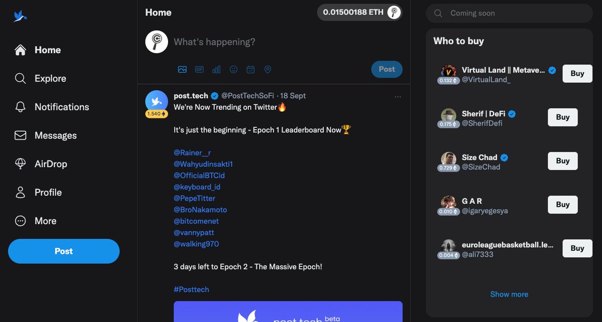just_my_opine's tweet photo. Quick https://t.co/RO8tfnnkd9 @PostTechSoFi Review

➡️ Looks exactly like Twitter/X, familiar interface, easy to use

➡️ You need a referral code to sign up, here's a few
pt-c21snyf1uf
pt-tyta0xf1fd
pt-b60mnfpryt

➡️ Free to use, unlike FT (https://t.co/kluNFyGRYI)

➡️ Copy pasta FT for the buy your influencer idea

➡️ Still early, No search function yet, a little buggy but functional

➡️ PT claims wallets are generated by third party and they don't have the private keys

➡️ You can setup your account for earning for as little as 0.001 ETH which is about $1.60 today

➡️ Kinda like X, if you go premium you get extra perks
> Access to Premium Post & group private chat
> Receive 5% fees when others buy/sell your shares
> Potentially sell your shares with higher price

➡️ Unlike FT the shares start out super cheap

➡️ Headwinds: I'm not sure how the SEC will see a site like this, they seem to go after anyone making money. Though Patreon and lots of other sites allow you to pay to be in a group. The other possibility is a lawsuit from X for taking the UI design.

➡️ Thoughts: It's definitely an upgrade over FT! I think FT will die off because of PT.
It's awesome that PT was built on Arbitrum, but it's still a centralized website where they have the power to lock you out. So I'm not sure what the censorship will be like.

#posttech $POST
