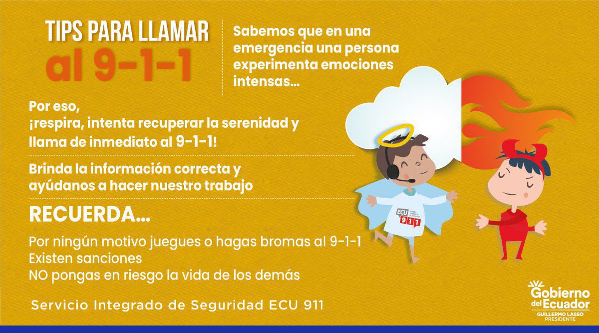 ecu911sambo's tweet photo. Hagámoslo fácil, #ECU911SomosTodos, brinda la información necesaria para que podamos coordinar la atención de tu emergencia. Estos #ECUtips pueden ayudarte. https://t.co/s0qYP2XSOd