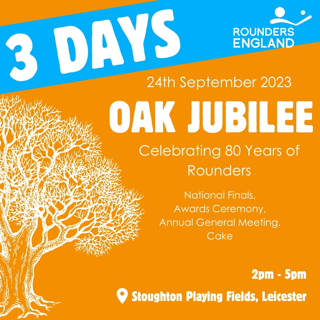 Our Oak Jubilee celebrations are 3 DAYS away!😄

Join us in Leicester for a day full of rounders and celebrations, secure your free tickets today: bit.ly/Rounders80th

#Rounders #RoundersEngland #WeAreAllRounders