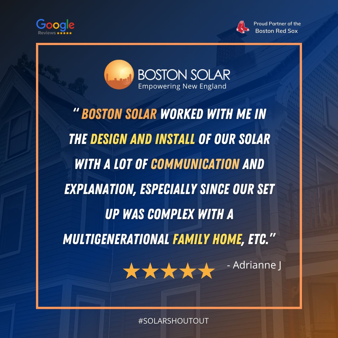 BostonSolarCo's tweet photo. Thank you, Adrianne J for the positive 5 - Star review! Being involved in the design and installation is crucial to ensure your panels come out just the way you want! 🏡
.
#solarreview #solarcompany #bostonsolar #solarreviews #solar #solarenergy #solarsystem #solarcompany https://t.co/j1Yoqvn3Rg