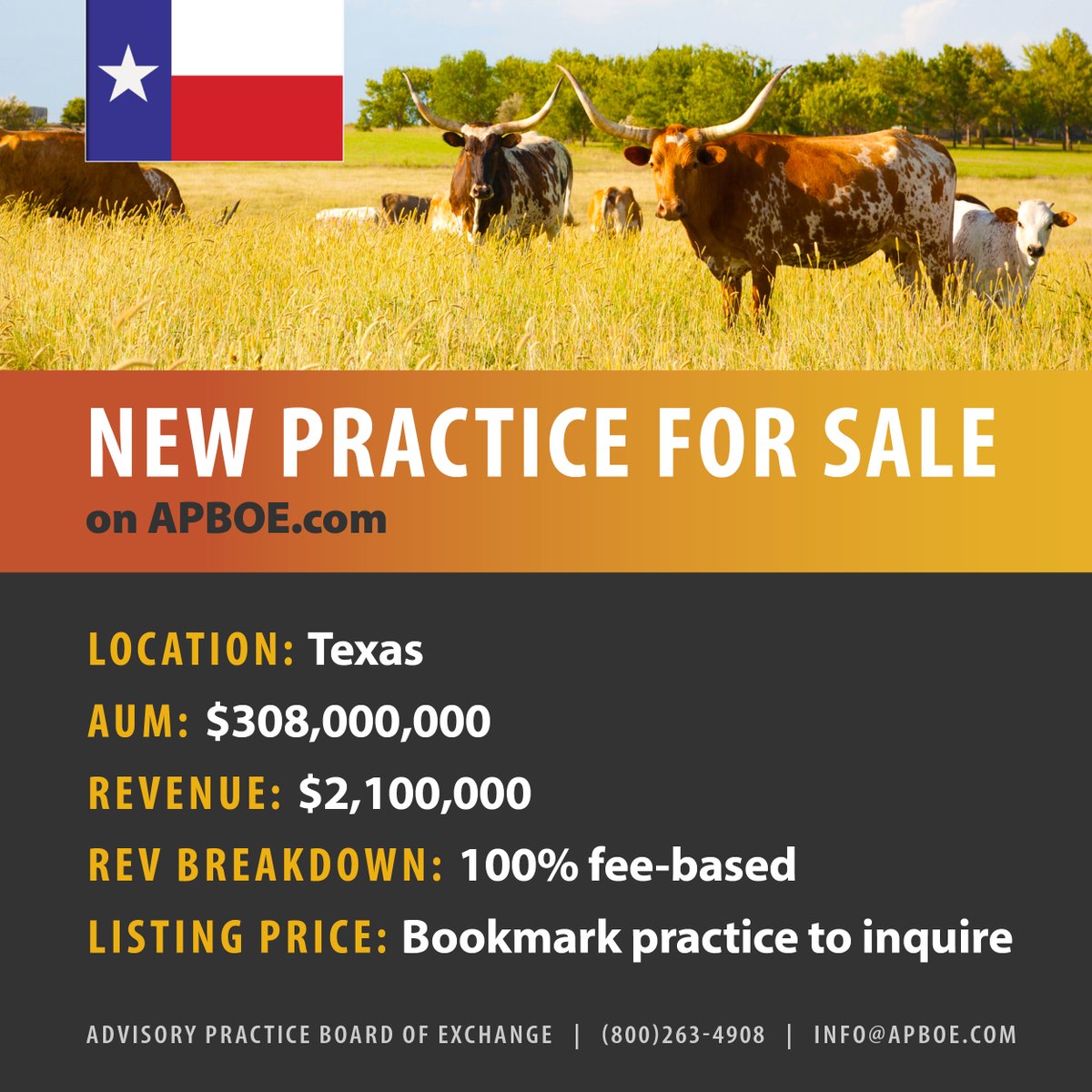 APBOExchange's tweet photo. New seller listing! Opportunity to acquire a Texas-based practice that is 100% fee-based, boasts an above-average per-household AUM, and has sustained long-term client relationships.  

For pricing, log in to your APBOE account and bookmark this listing: https://t.co/wLbRRPD1Jy https://t.co/H5nMGW6lPh