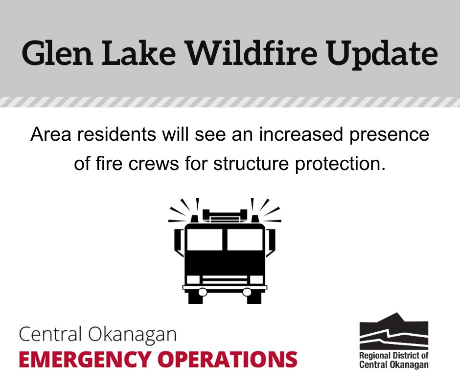 The updated size of the Glen Lake Wildfire is now estimated at 1,116 hectares. Thanks to a cool evening, the wildfire has not grown allowing for additional installation of structural protection in the community. For the latest update, visit: cordemergency.ca/updates/glen-l…