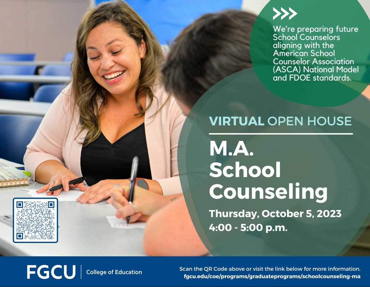The School Counseling (M.A.) program will be hosting a virtual open house on Oct 5th, 2023 from 4-5pm EST. With strong demand for school counselors in every community, our students have the opportunity to make a widespread impact. fgcu.edu/coe/programs/g…