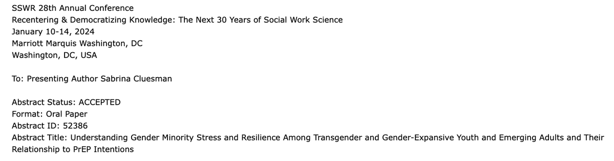 Stunned that the first of my Diss findings have been accepted for #SSWR2024.  This will be the first time I get to discuss quant research led by me 🥰 Most excited about sharing key findings that I hope will push the convo on the importance of #GenderAffirmation forward 🏳️‍⚧️💜