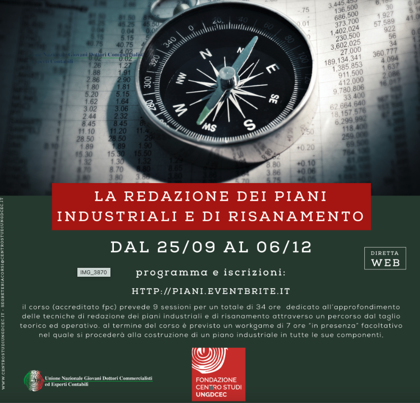 Fino al 24/9 è possibile iscriversi al corso sulla redazione dei piani industriali e di risanamento, organizzato da <a href="/UngdcStudi/">Fondazione Centro Studi UNGDC</a> in collaborazione con #APRI. Quote agevolate agli associati. 
centrostudiungdcec.it/piani/