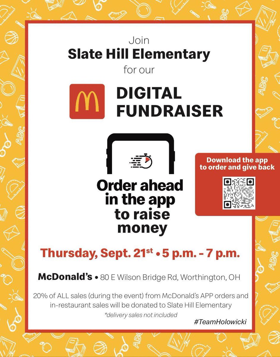 Come visit us tonight for McTeacher Night from 5:00-7:00! @SlateHillStars @wcsdistrict