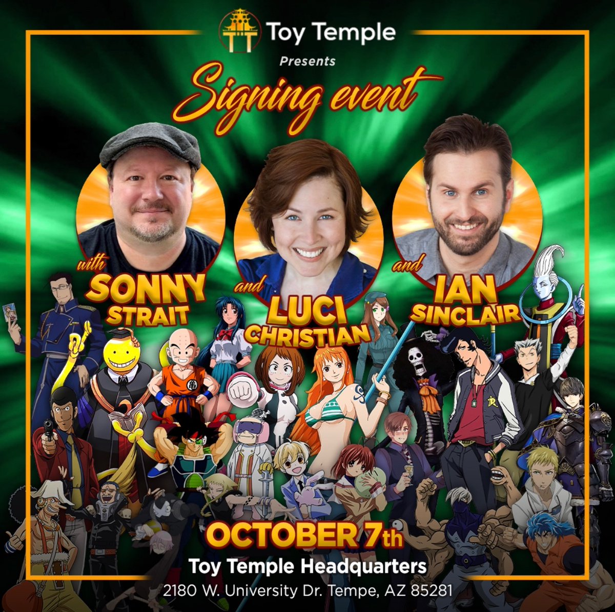 Hey Arizona! I’ll be at the Toy Temple Headquarters in Tempe on October 7th for a signing with two of my dear friends and fellow StrawHats @luci_loves_mic (Nami) and @sonnystrait (Usopp)! Come say hi! @ToyTempleAz