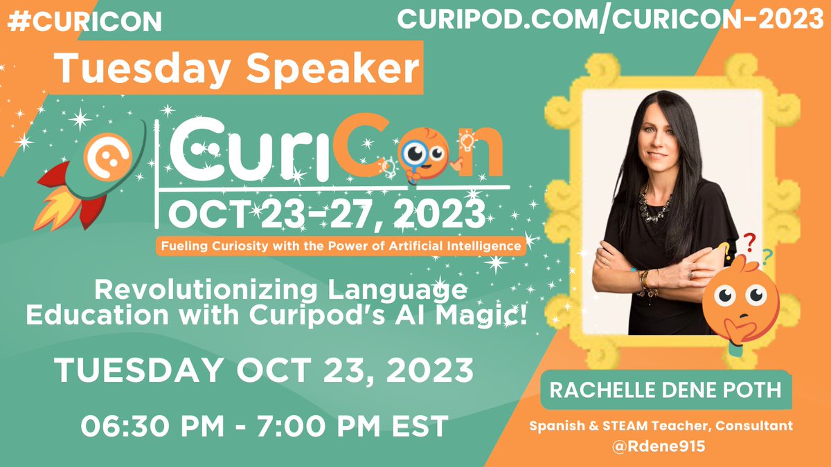 curipodofficial's tweet image. 🌟 Tuesday Speaker Alert! 🌟

Rachelle Dene Poth, @Rdene915, will join us on Oct 24th, Tuesday from 6:30-7:00pm ET at #Curicon! 

🗓️Revolutionizing Language Education with Curipod's AI Magic!

Register now: buff.ly/3Rsi7A1

🚀 #EdTech #TuesdaySpeaker 🎉📚