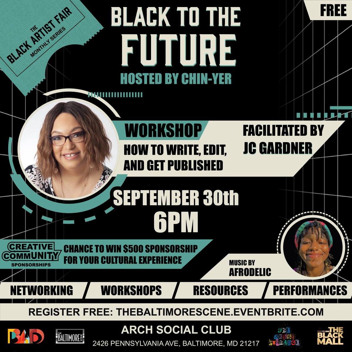 Next week we are back with our monthly Black to the Future event hosted by @chinyer on Saturday, September 30 at 6 p.m. at the @arschsocialbaltimore . 

Learn how to write, edit, and get published and network with other artists at Black tot he Future!