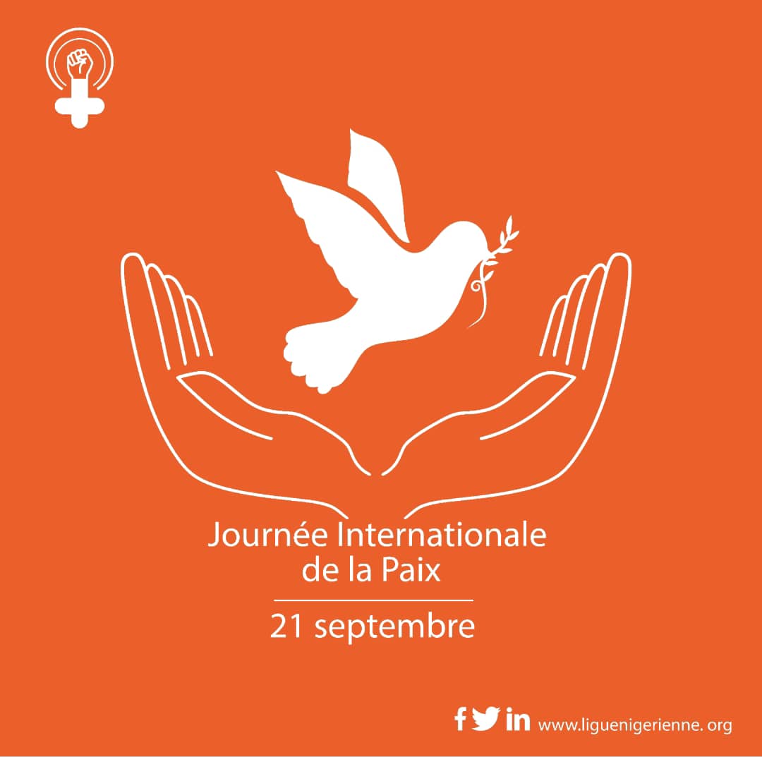 #PeaceDay

Nous aspirons à 1 monde dans lequel les filles et les femmes vivent en sécurité;

Nous œuvrons pour qu'elles soient des actrices de la paix ;

Nous pensons que leur contribution est 1 indispensable pr la consolidation de la paix

#LigueNigerienne
#FeministesNigeriennes