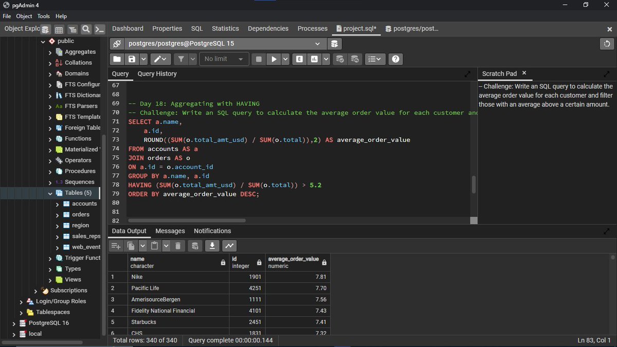 kwesill's tweet image. Day 18 with @hertechtrail: Aggregating with HAVING

Challenge: Write an SQL query to calculate the average order value for each customer and filter those with an average above a certain amount.

#20dayswithdata #HTTDataChallenge  #SQLHavingClause #DataAggregation.