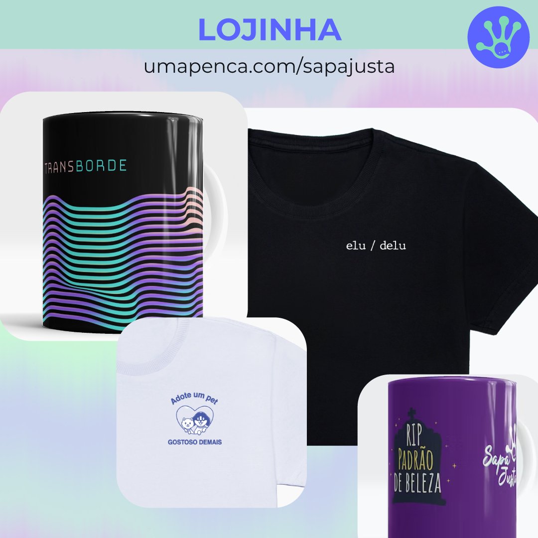 SapaJusta's tweet photo. Lojinha do Sapa Justa!

Agora você pode ter camisas e canecas exclusivas do nosso podcast.

🎨 As artes são feitas por mim, Letícia Martins, host do Sapa Justa. Os produtos são produzidos e enviados pela plataforma "Uma Penca".

🔗https://t.co/Ux63Fl03AR https://t.co/uZrtC0fOJR