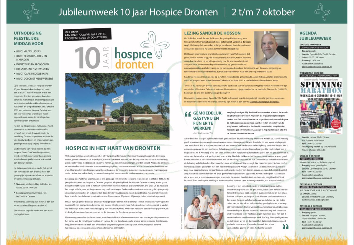 Van 2 t/m 7 oktober is het de week van Hospice Dronten.
Tevens zit er een feestelijk tintje aan omdat het hospice 10 jaar bestaat!

hospice-dronten.nl/jubileumweek-2…