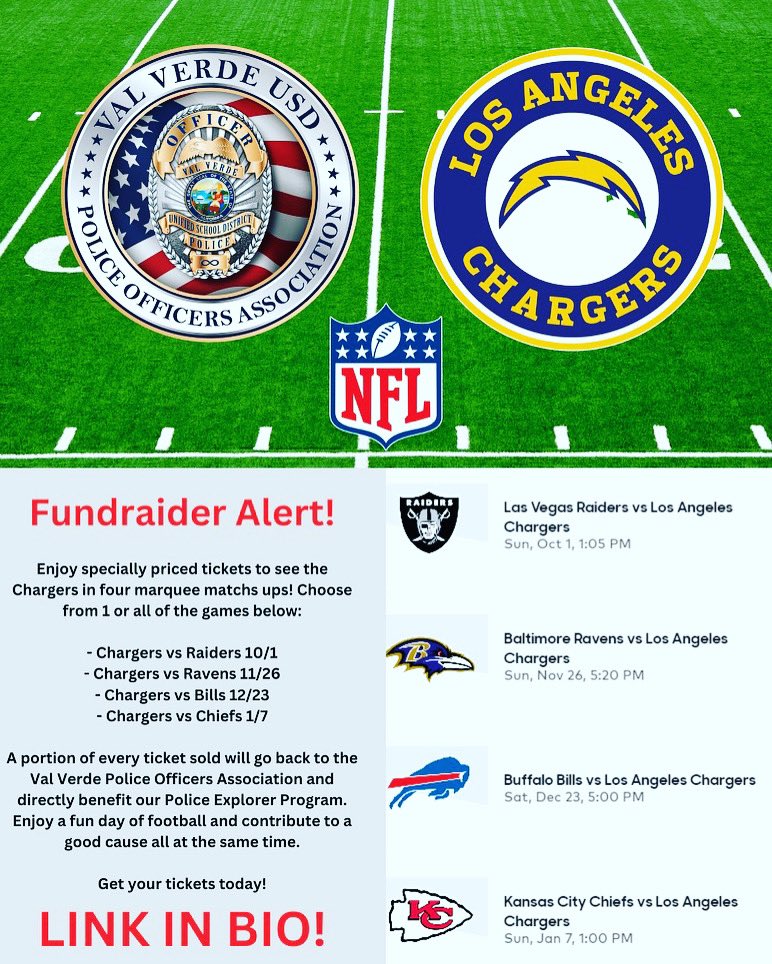 It’s <a href="/chargers/">Los Angeles Chargers</a> Football!! 🏈  Support our Association while proceeds benefit our <a href="/VVUSDPD/">VVUSD-Police Department</a> Explorer Program! #NFL #chargers #football