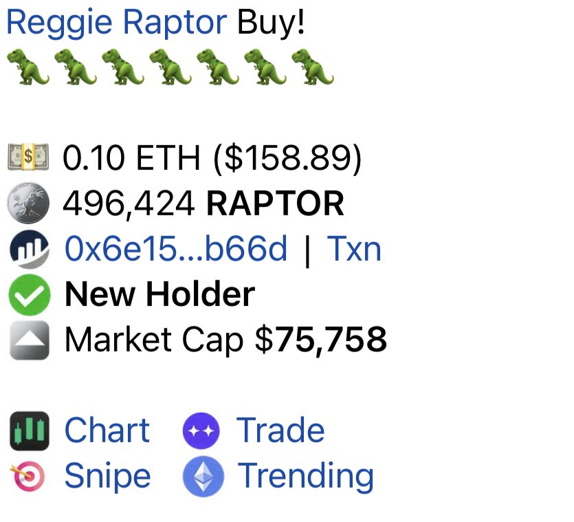DONT FADE $RAPTOR

We pamping again 🦖🦖

Another huge caller, ETH trending and TG hypedddd. x35 so far 🦖

<a href="/EthReggieraptor/">Raptor Reggie</a> 

NFA