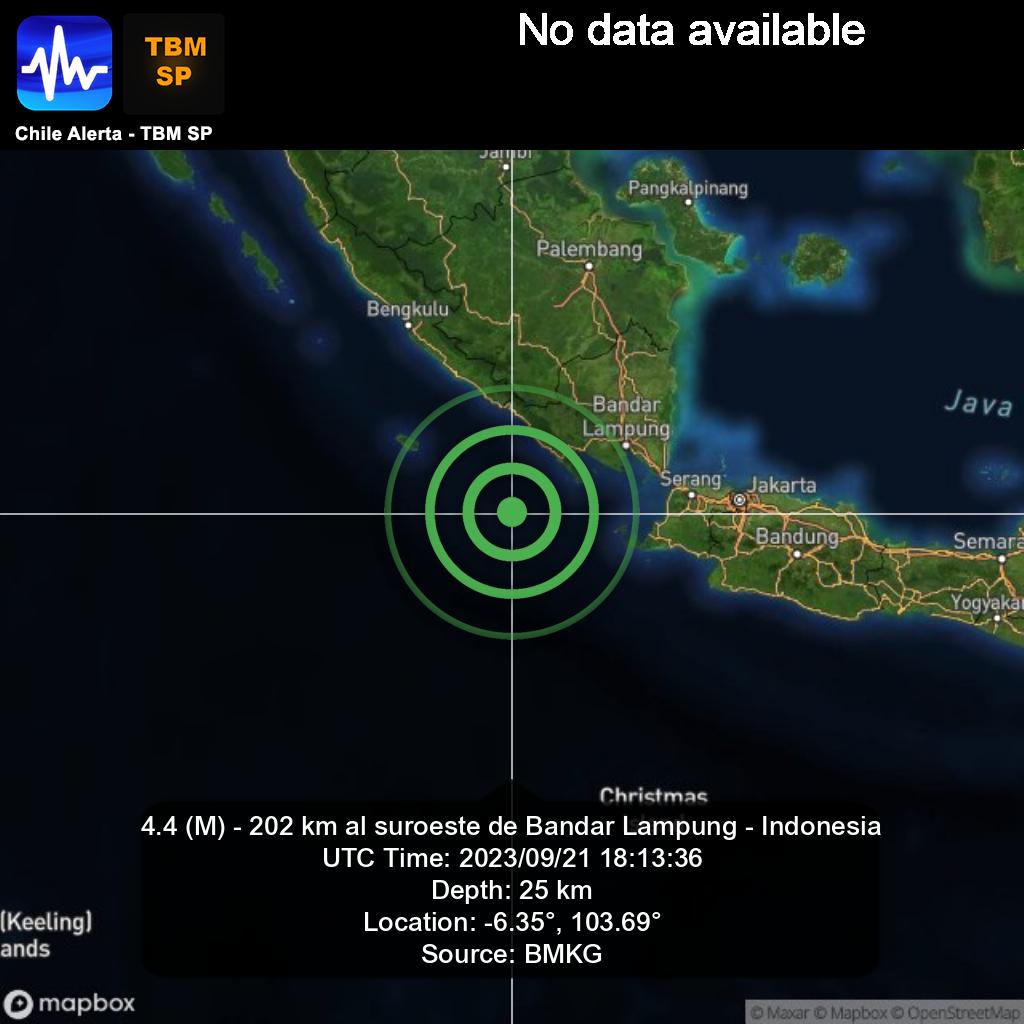 ChileAlertaApp's tweet photo. New #Earthquake. 🌎
4.4 (M) - 202 km al suroeste de Bandar Lampung - Indonesia.
2023/09/21 18:13:36 UTC.
App: https://t.co/RblVNxZYn8
#BandarLampung #Indonesia #earthquake #sismo #temblor #terremoto https://t.co/xYpfYv7TEg
