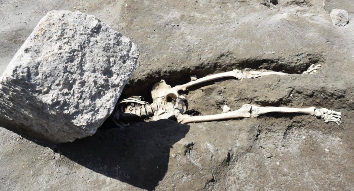 This is the remains of a 30-something-year-old ancient Roman who appears to have survived the initial volcanic eruption of Mount Vesuvius in 79 AD, only to be decapitated by a large 600-pound (272 kg) stone projectile. However, that hypothesis was dismissed a few weeks later when