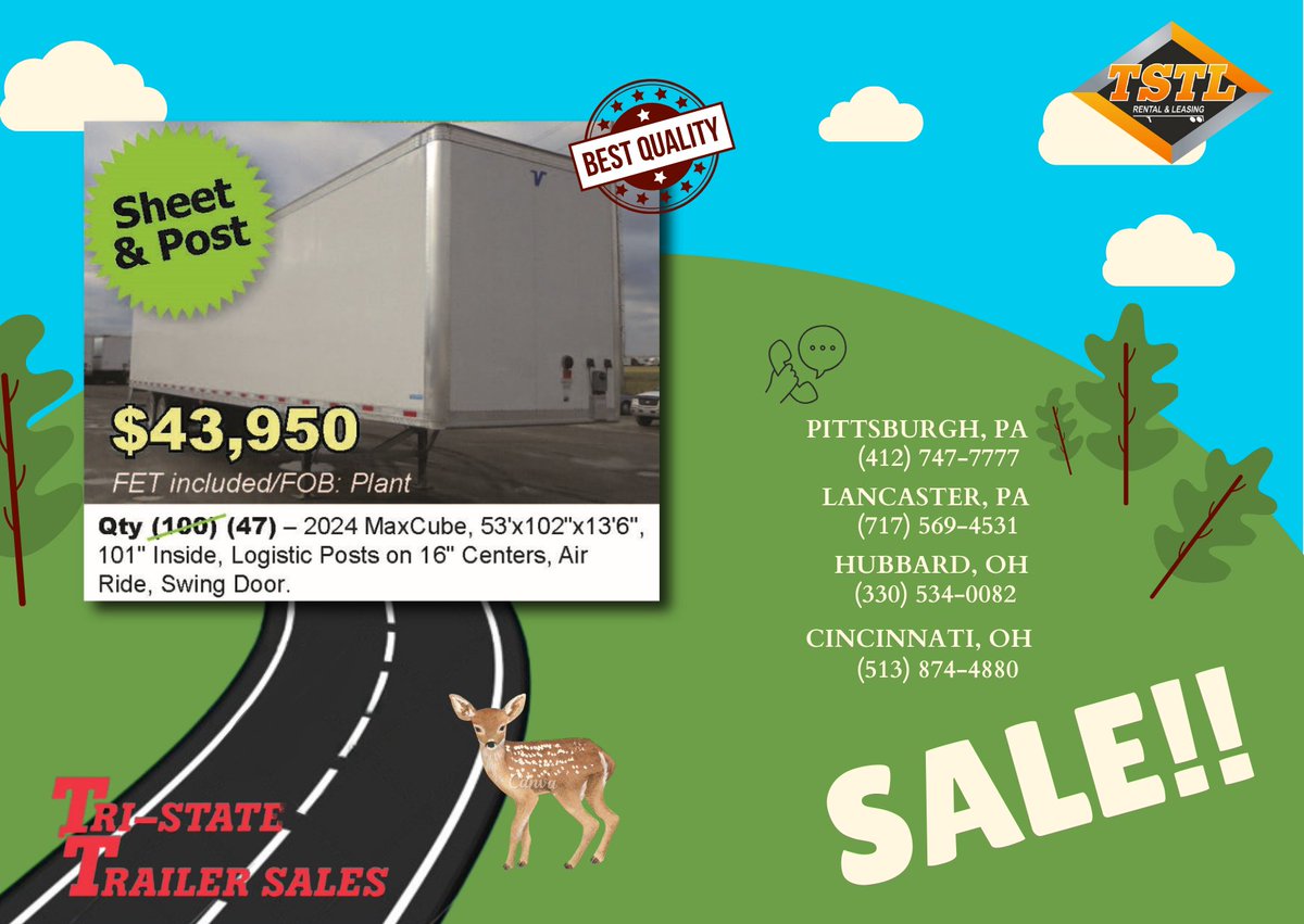 TrailersPGH's tweet photo. 🌟 Special Offer: $43,950

✅ 101'' of Spacious Interior
✅ Air Ride Comfort
✅ Convenient Swing Doors
✅ FET Included/FOB Plant

Available at any of our 4 locations, come visit or call us today!

Check out more specials on our mailers/app! 📲

#MaxCubeSale #LimitedTimeOffer https://t.co/dsCrk2fVkj