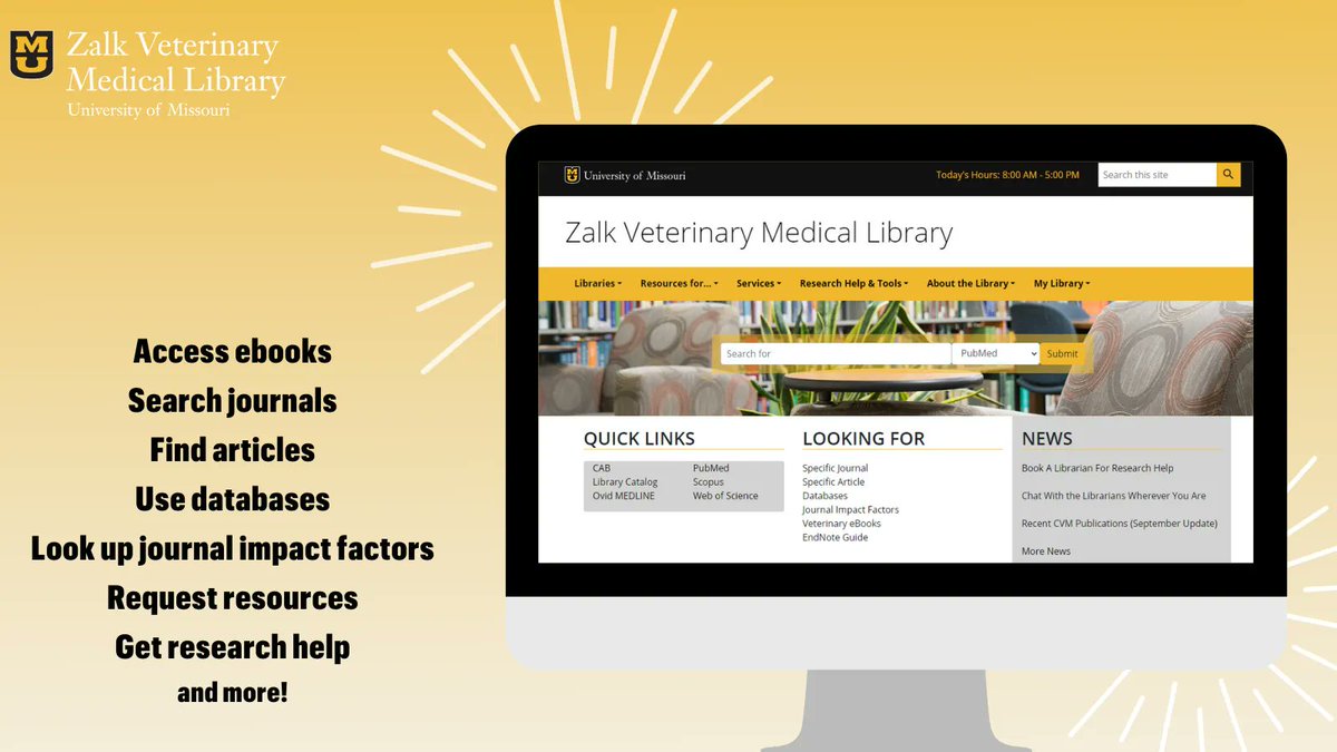 Mizzou Veterinary Medical Library (@zalklibrary) on Twitter photo Looking for a good place to start your research? Head to our website โก๏ธ  vetmedlibrary.missouri.edu! You can get instant access to databases, eBooks, journals, research guides, and more! ๐ป๐ #MizzouLibraries #VeterinaryMedicine Looking for a good place to start your research? Head to our website โก๏ธ  vetmedlibrary.missouri.edu! You can get instant access to databases, eBooks, journals, research guides, and more! ๐ป๐ #MizzouLibraries #VeterinaryMedicine