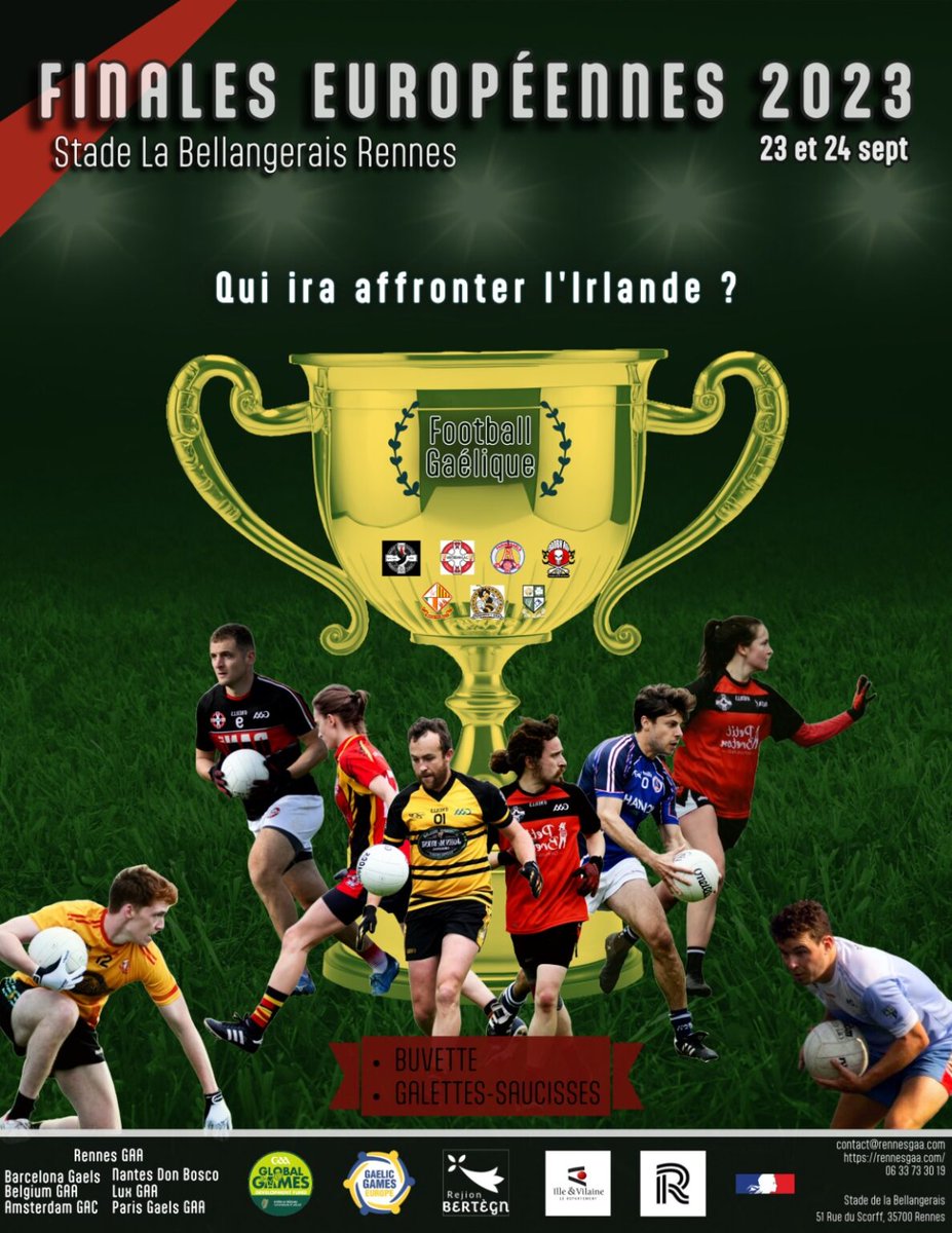 Gros WE de football gaélique à venir à Rennes ! RDV dès 10h pour les 1ers matchs à la Bellangerais 💪
Qui gagnera son ticket pour l'Irlande 🏆? Les meilleures équipes à 15 s'affronteront tout le WE, aussi bien masculins que féminines 👍
#gaelicgames #gaelicfootball
#Rennes