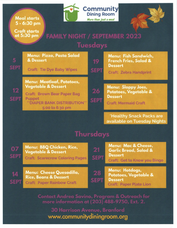 BranfordPS's tweet image. Community Dining Room is hosting Family Nights this fall! Enjoy delicious meals and fun crafts with your loved ones every Tuesday and Thursday. Contact Andrea Savino for more information. #FamilyNights #CommunityDining 🍕🎨