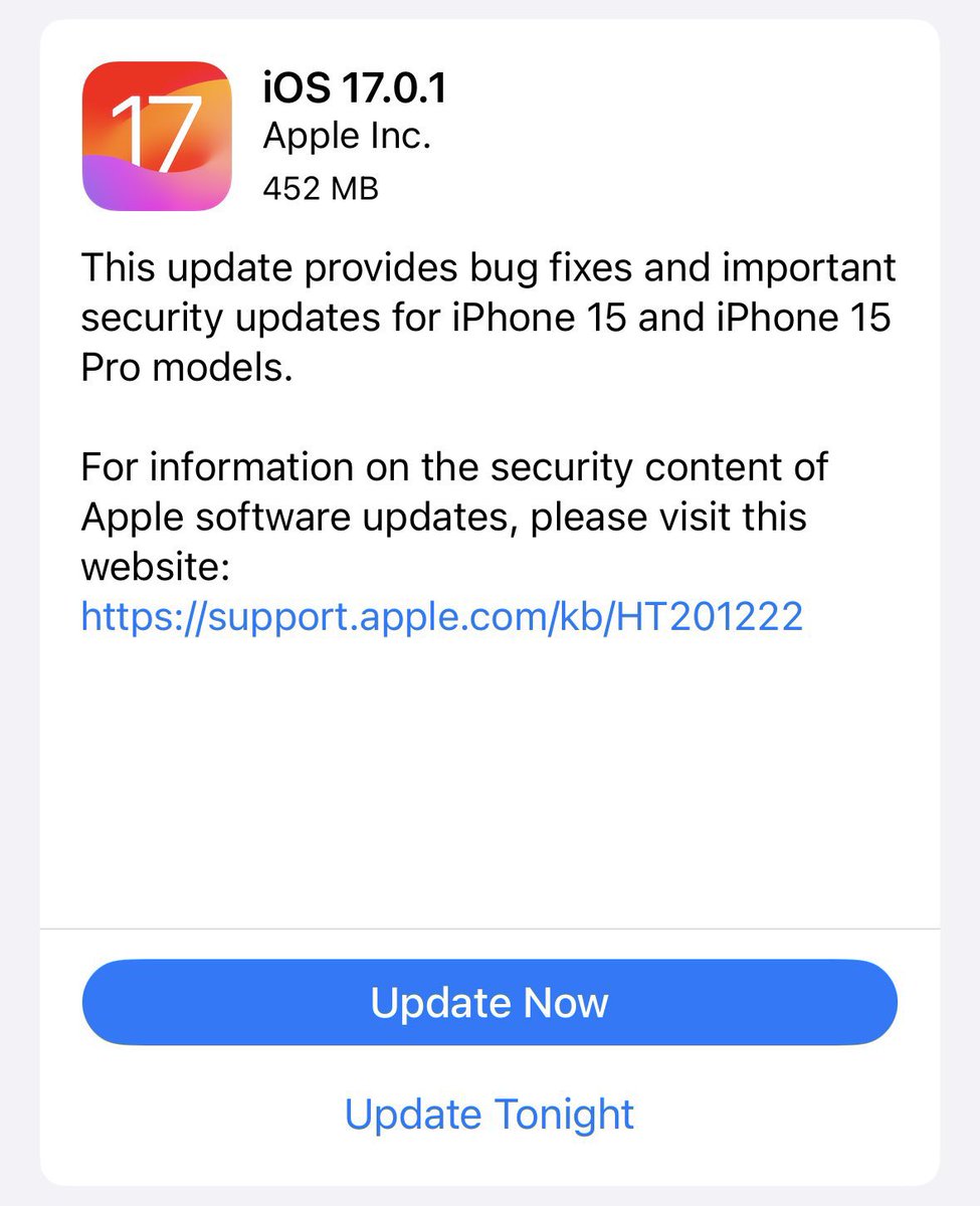 CuriosityTech_'s tweet photo. Breaking🚨

Another update has just been released.
iOS 17.0.1 is live and includes bug fixes and important security updates only for the iPhone 15 models https://t.co/YhLvx7HdBY