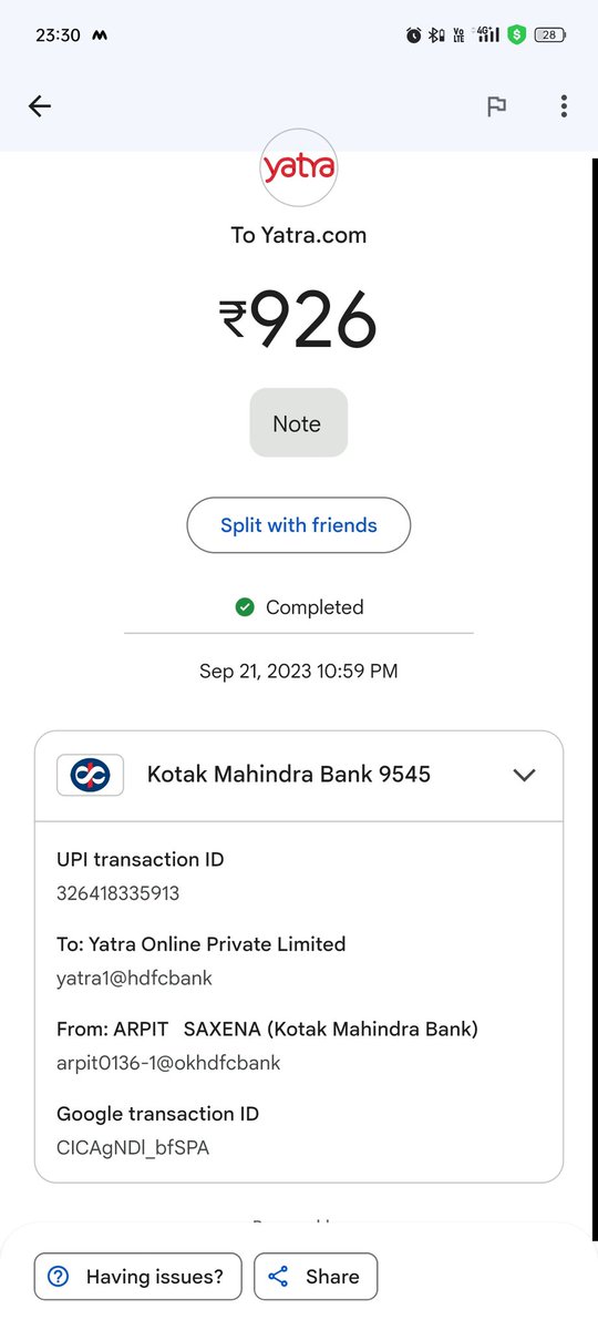 thisarpitsaxena's tweet photo. @Yatra_Care Hello Yatra . I booked train ticket. Money is debited but ticket is not booked. https://t.co/kiQ36PPTyS