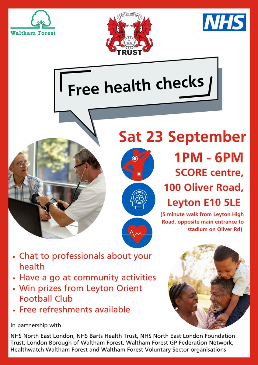 Patient Experience @NELFT will be at the Score Centre in Leyton on Saturday helping to support our local community to get involved with their health. Come along for a free health check, as well as chat to different services about your needs. @PCCALAMI @wmakala @JacquiVanRossum👇
