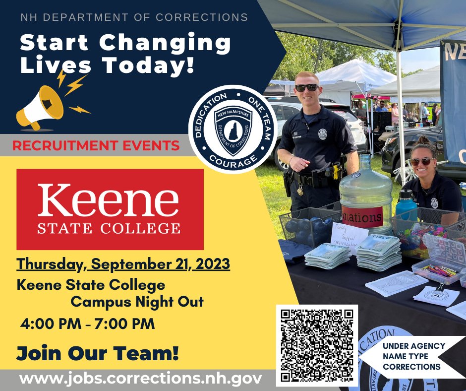 NHDOC's tweet image. 📢 Join us this afternoon at the annual #KeeneStateCollege Campus Night Out! Our recruitment team will be there, and they can't wait to tell you how you can make a difference by joining #NHDOC! Get started on your career path with us and be a part of something meaningful.