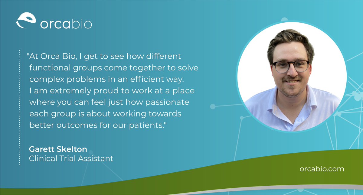 OrcaBio's tweet photo. This month’s #EmployeeSpotlight is Garett Skelton, a Clinical Trial Assistant on our Clin Ops Team. Garett maintains our Electronic Data Capture systems through which he works w/ our clinical trial sites to help deliver our investigational cell therapies to patients. #TeamOrcaBio https://t.co/LjXb0u47VY