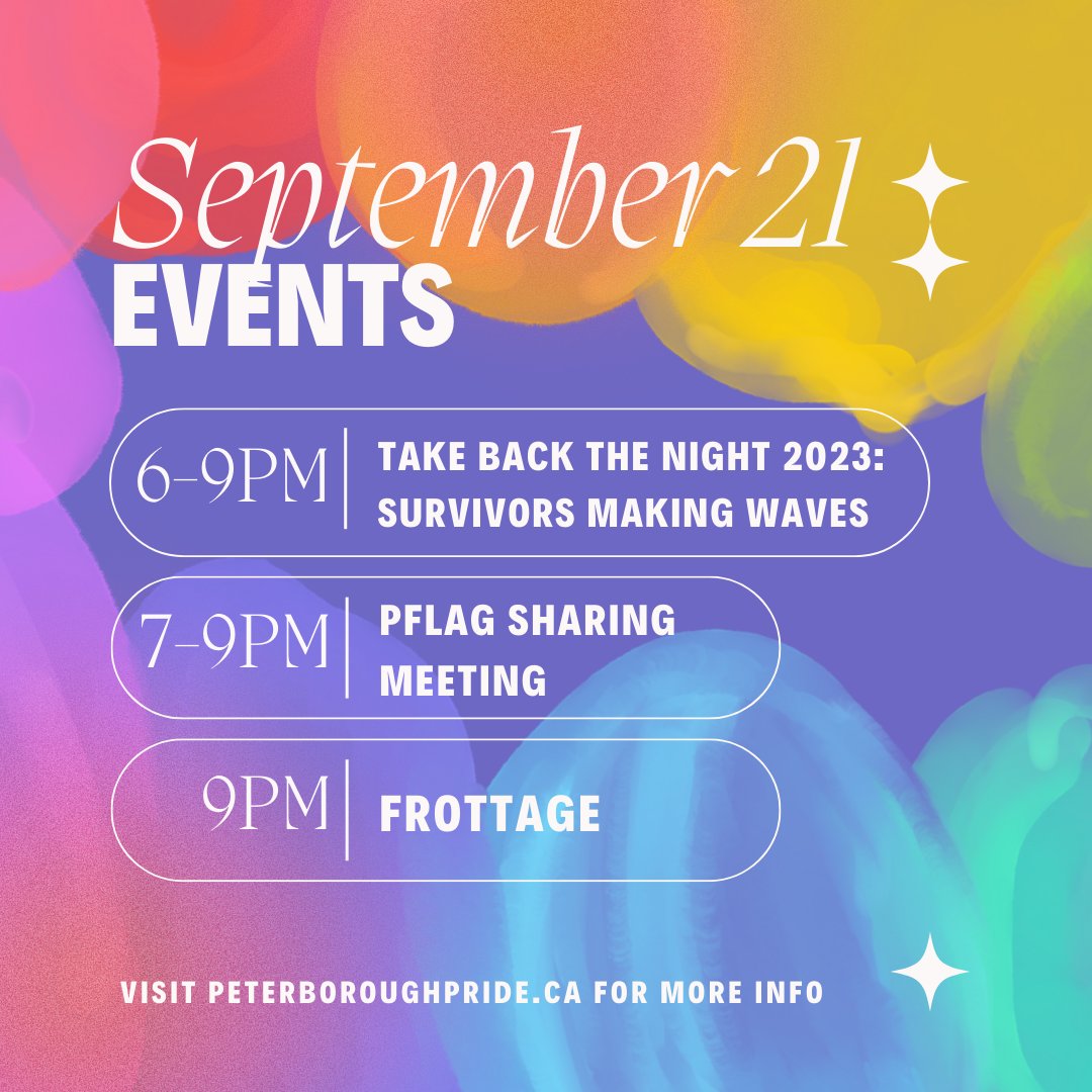 It’s the Day 4 of Peterborough-Nogojiwanong Pride Week 2023 and there is so much happening tonight 👇

👉1-4pm Exploring Gendered Violence in the Community. Online

👉3-6pm Dagwaagig N'kweshkodaadidaa! Peterborough Square Courtyard

👉6-9pm Take Back The Night 2023: Survivors Mak
