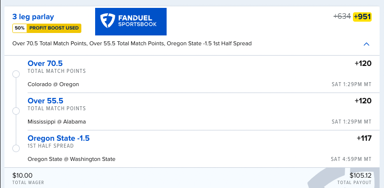 CoffeeAndBets's tweet photo. PARLAY OF THE DAY!

#FanDuel has a 50% Profit Boost on CFB today! 

I placed the bet below using @OddsJam  's Parlay Calculator. With the boost this is +27% EV. 

Enjoy! https://t.co/GsigfzC0dR
