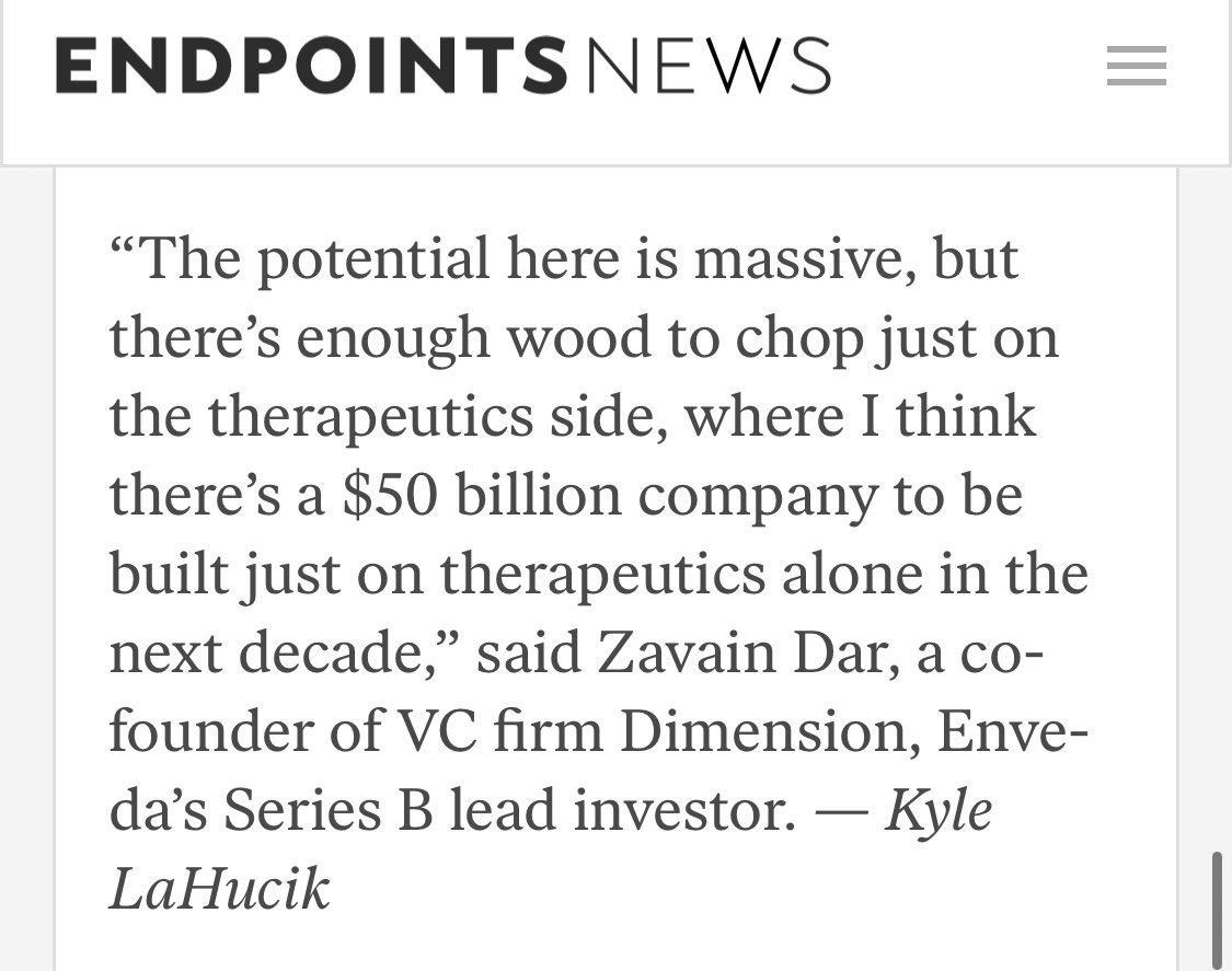 Zavain Dar (@zavaindar) on Twitter photo HUGE congrats to <a href="/viswacolluru/">Viswa Colluru</a> & @envedabio being announced as 1 of the 11 most exciting biotechs by <a href="/endpts/">Endpoints News</a>. A rarity to not chase fads (cough natural products cough), not have a star studded serial founding team, & starting the company w $50k in personal savings. LOVE to see it HUGE congrats to <a href="/viswacolluru/">Viswa Colluru</a> & @envedabio being announced as 1 of the 11 most exciting biotechs by <a href="/endpts/">Endpoints News</a>. A rarity to not chase fads (cough natural products cough), not have a star studded serial founding team, & starting the company w $50k in personal savings. LOVE to see it