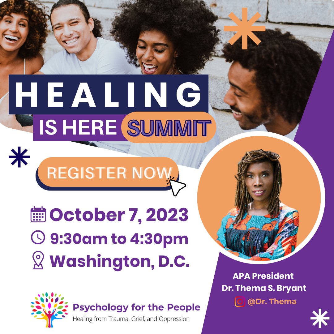 Join us and APA President Dr. Thema Bryant as she hosts a free summit brining people together to experience community healing and thriving in honor or World Mental Health Day

Specific location details will be shared when you RSVP apa.org/events/2023/ps…

#worldmentalhealthday