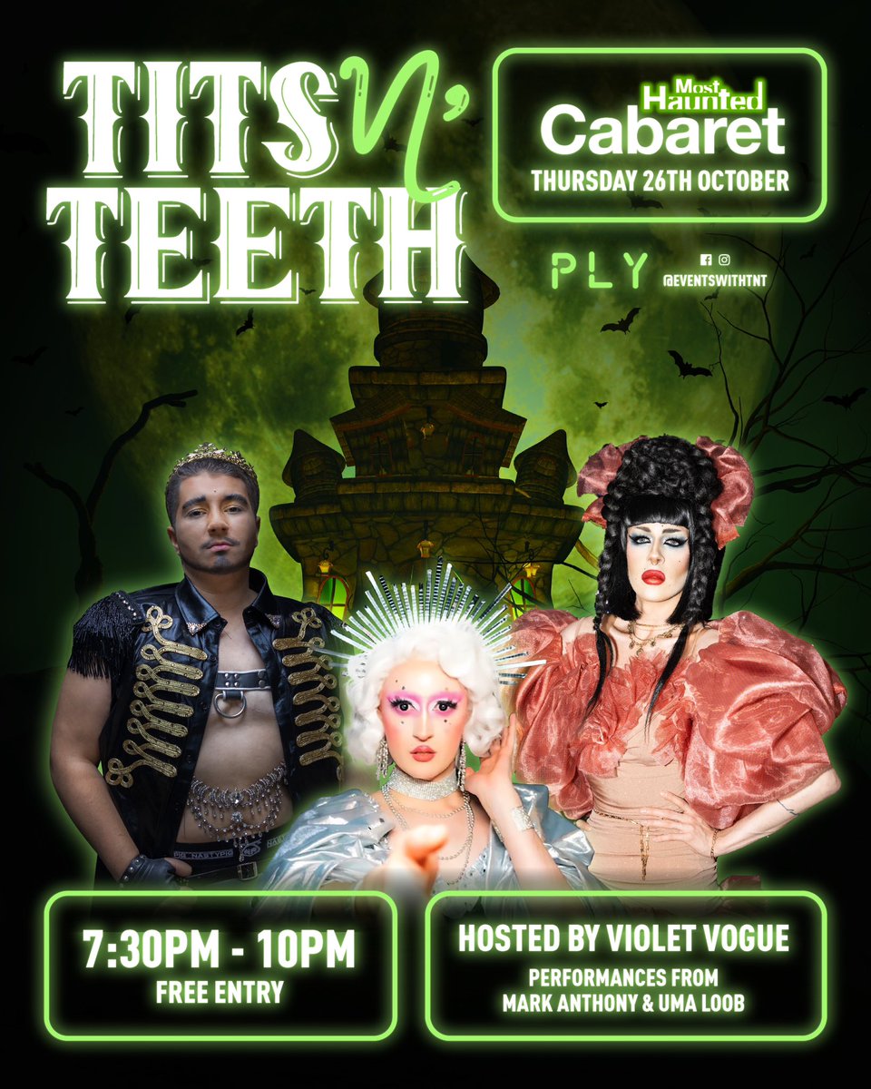 eventswithtnt's tweet photo. 👻 Get Ready for a Spooky Spectacle at the Tits N' Teeth Most Haunted Halloween Cabaret! 👻

🗓️ Date: October 26th
📍 Venue: PLY, Northern Quarter
🎭 Performers: Mark Anthony, Uma Loob, &amp; Violet Vogue
https://t.co/5KVF6LDSe8 https://t.co/D4SkEeCOdn