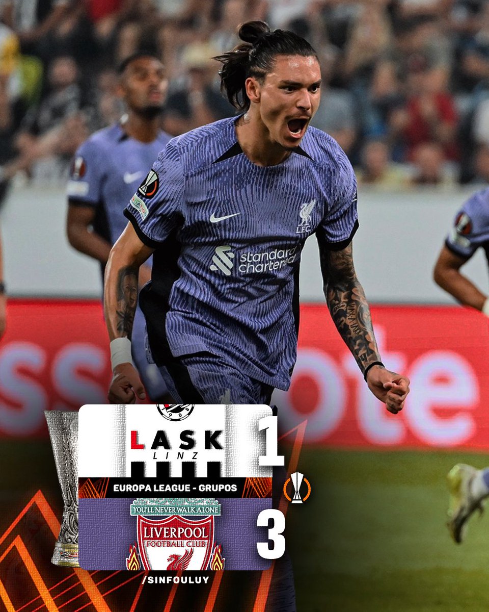 sinfouluy_'s tweet photo. 🔝 𝗚𝗢𝗟 𝗬 𝗥𝗘𝗠𝗢𝗡𝗧𝗔𝗗𝗔

✔️ Liverpool, de atrás, le ganó 3-1 al LASK en Austria y se estrenó con victoria en su grupo de la Europa League.

⚽️ Darwin Nuñez (56'), Luis Diaz (63') y Mo Salah (88') anotaron los tantos para la remontada inglesa. https://t.co/591dsqbFkR
