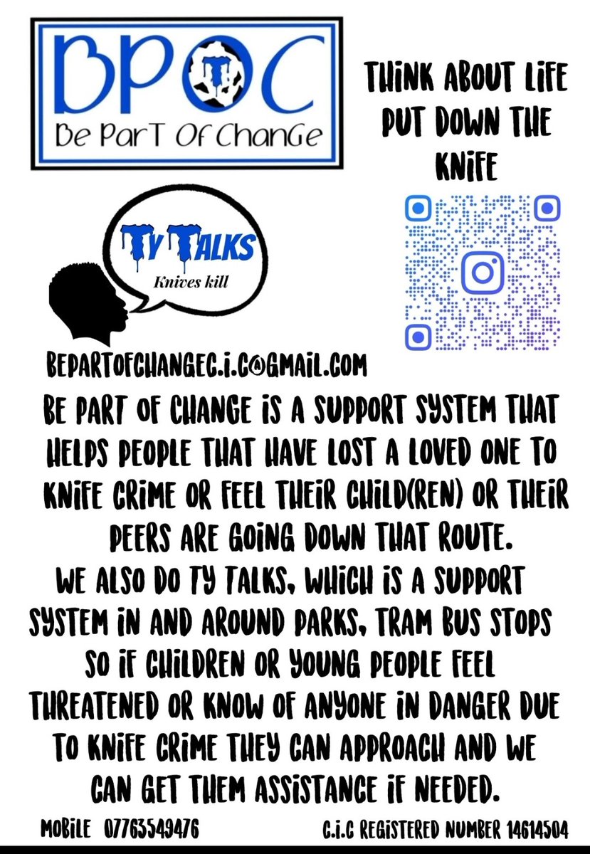 Bringing people together to support each other Be ParT Of ChanGe #thinkaboutlifeputdowntheknife #itsabouttimetoendknifecrime #tytalks #bpoc #ty