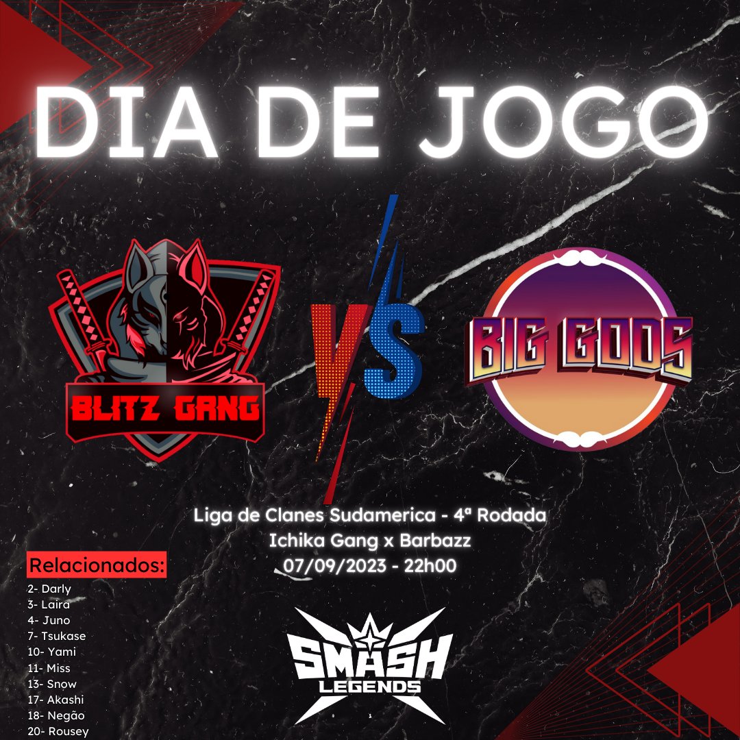 BlitzGangSL's tweet photo. HOJE TEM JOGO!!!

(3º ◾️) Ichika Gang VS Barbazz (6º 🔺)
(4º ◾️) Blitz Gang VS X1 (1º 🔺)

Teremos o confronto "Big Bang" e um enfrentamento difícil contra a x1. https://t.co/gs3cf1PJIR
