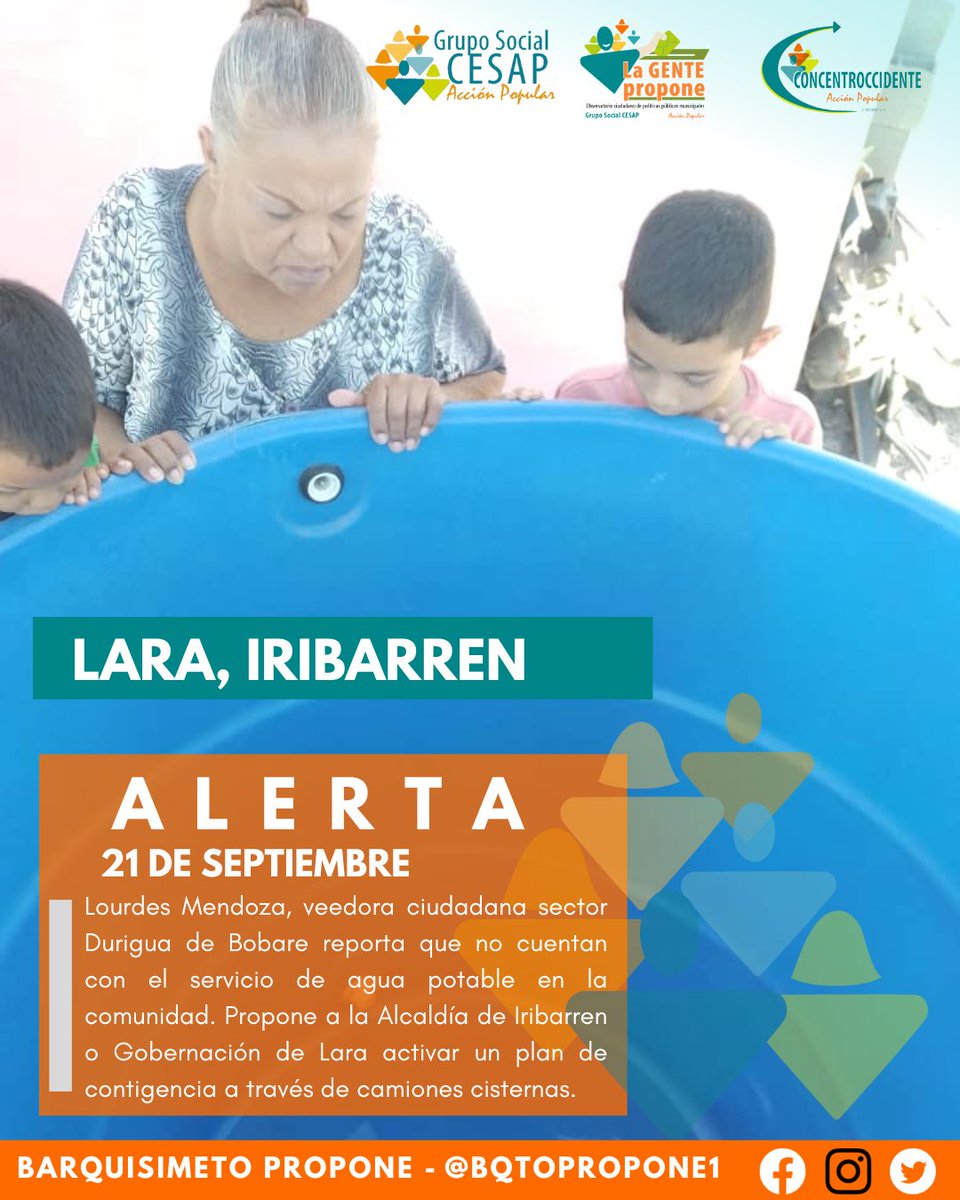 bqtopropone1's tweet photo. #LaGentePropone Lourdes Mendoza, veedora ciudadana sector Durigua de Bobare reporta que no cuentan con el servicio de agua potable en la comunidad. Proponen a @HidrolaraCA_ un plan de contingencia para la zona.
#NotaDeAlerta #Durigua #Bobare #Lara #21Sep https://t.co/AxAYnvvW95