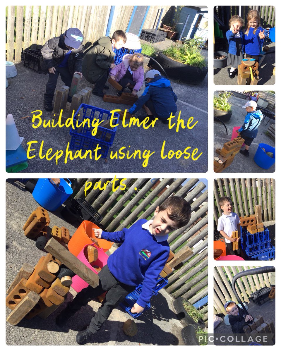 PrattCelyn's tweet photo. During our enhanced provision time Reception have been busy building #Elmer using loose parts. Lots of #teamwork #stickability and #creativity. @SychdynSchool https://t.co/k7aAG6ZanL