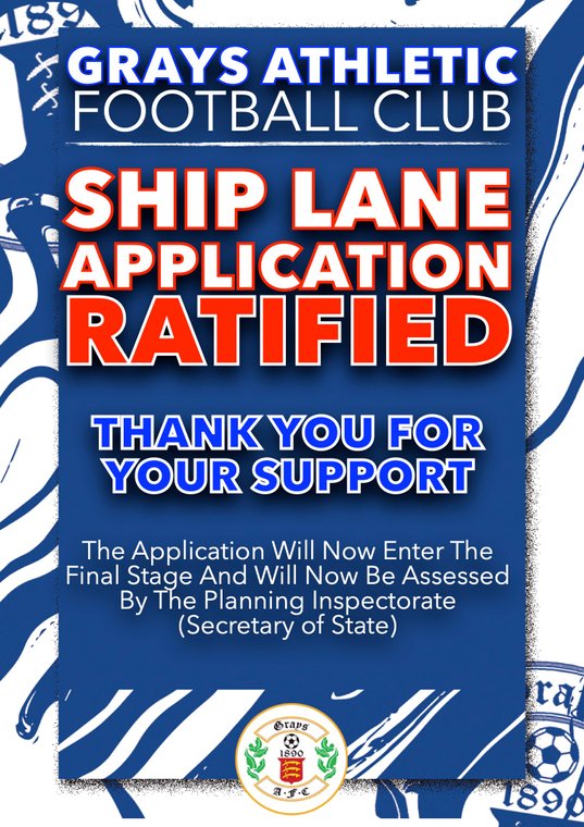 GraysAthleticFC's tweet photo. CLUB STATEMENT: Ship Lane Application Ratified #GraysAthshipLane
https://t.co/TnvchhpERy https://t.co/gAWqUUDxGD