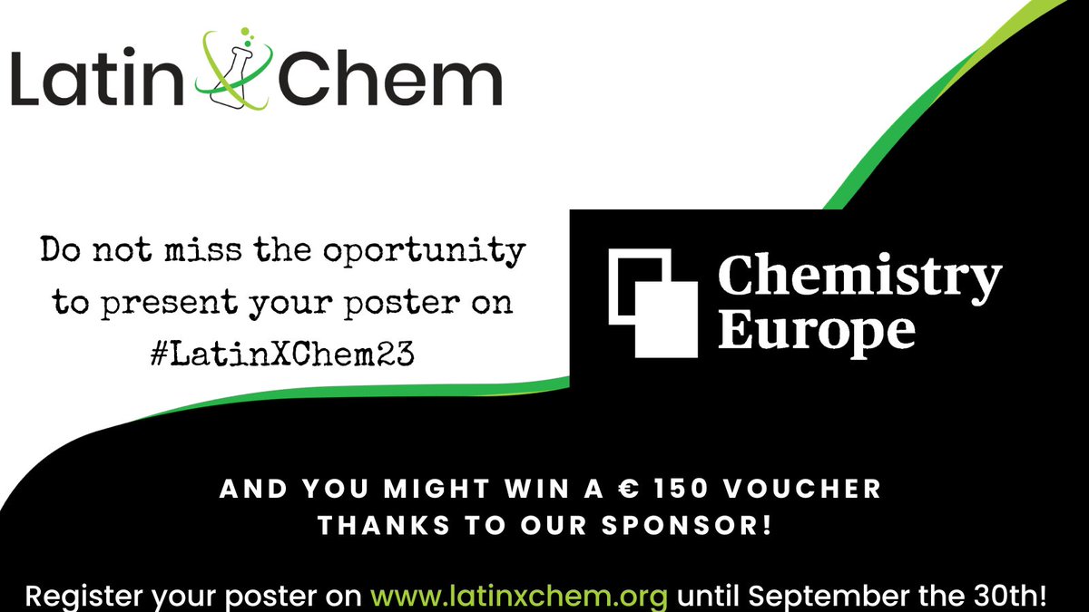 LatinXChem (@latinxchem) on Twitter photo We would like to remind you that you have until September 30th to register your poster on latinxchem.org. You have the chance to win a €150 voucher from <a href="/ChemBioChem/">ChemBioChem</a>, <a href="/Wiley_Chemistry/">Wiley Chemistry</a>, and <a href="/ChemEurope/">Chemistry Europe</a> in the #LatinXChemBio category! #LatinXChem23 We would like to remind you that you have until September 30th to register your poster on latinxchem.org. You have the chance to win a €150 voucher from <a href="/ChemBioChem/">ChemBioChem</a>, <a href="/Wiley_Chemistry/">Wiley Chemistry</a>, and <a href="/ChemEurope/">Chemistry Europe</a> in the #LatinXChemBio category! #LatinXChem23