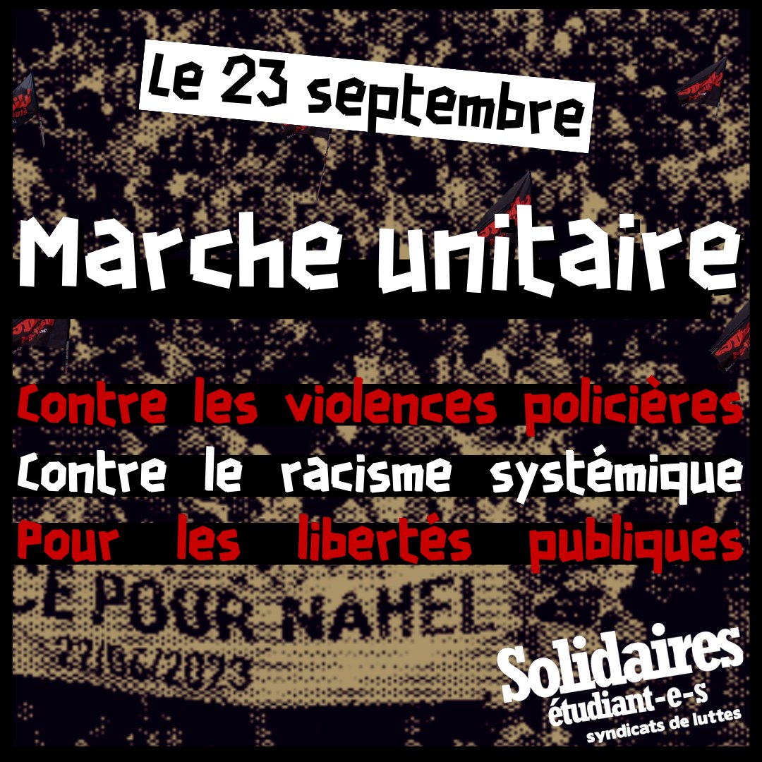 SolidairesEtu's tweet photo. Ce samedi, rendez-vous partout en France pour manifester contre le racisme et les violences policières ! 

Soyons nombreux-euse-s dans la rue pour exiger une réforme de la police, son désarmement et la fin de ses violences ! https://t.co/7IACphsyJA