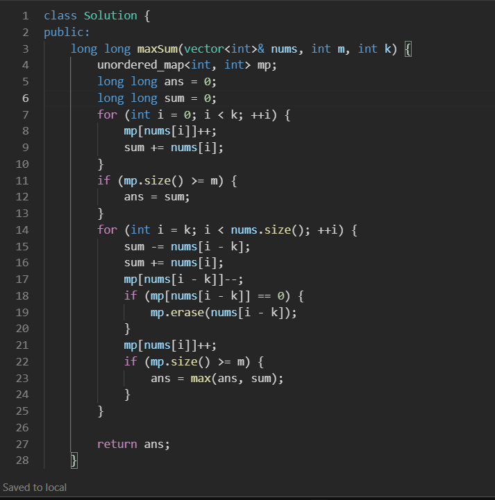KhatikSwwapnil's tweet photo. Day 54 of #100DaysOfCode! 🚀 Nailed "Maximum Sum of Almost Unique Subarray" using mapForce 📷#Cpp #DSA #CodingChallengeVictory #ProgrammingWin #CodeBreaker #leetcode https://t.co/uvMpcUlO9S