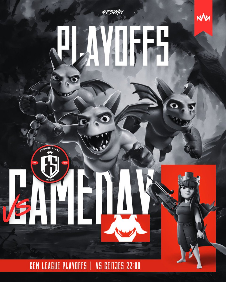 French_Swat's tweet photo. #ClashRoyale | PLAYOFFS

Our players are ready to fight 👊

🏆 @GemLeague 
⚔️ Playoffs
🆚 @Geitjes1 
⏰ 22:00 🇨🇵

#WeAreFs 🔴⚫ https://t.co/BQnMDJoeYF