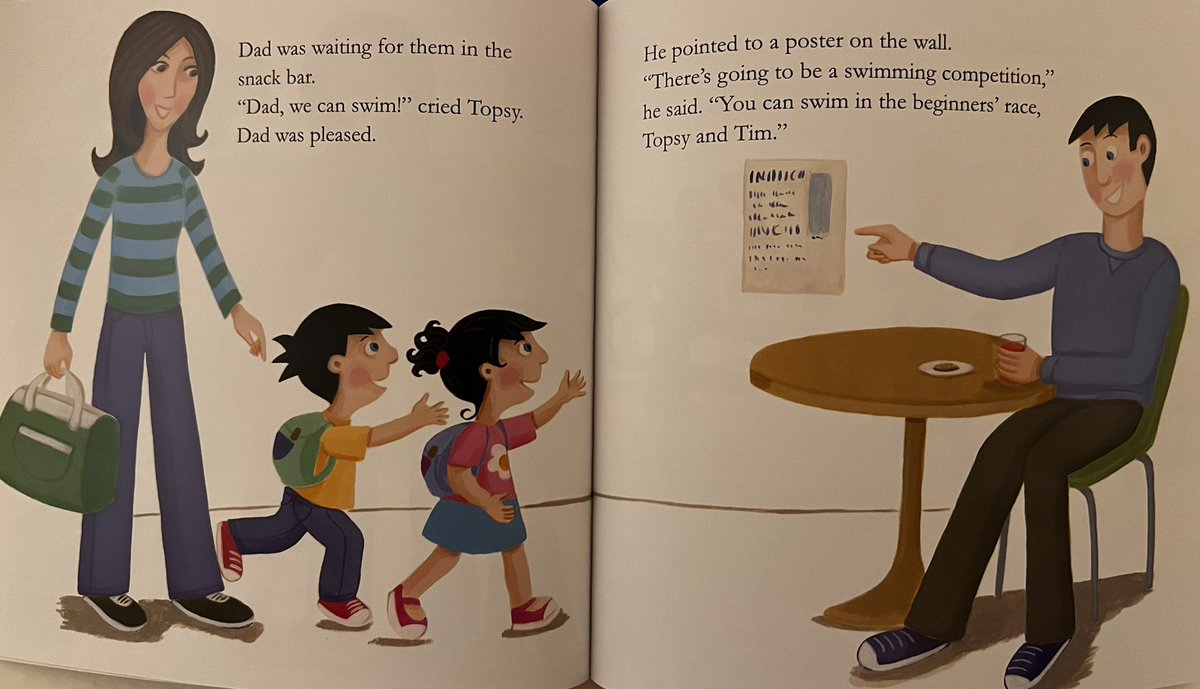 Would like to know what Topsy and Tim’s dad is playing at. Sitting and having a snack in the cafe whilst mum teaches two children how to swim!